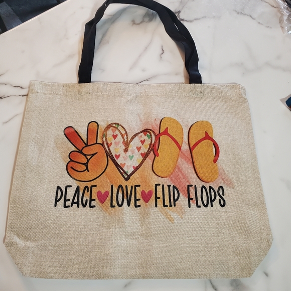 BEACH PLEASE Peace Love Flip Flops Burlap Tote Bag Double Sided - Picture 1 of 9